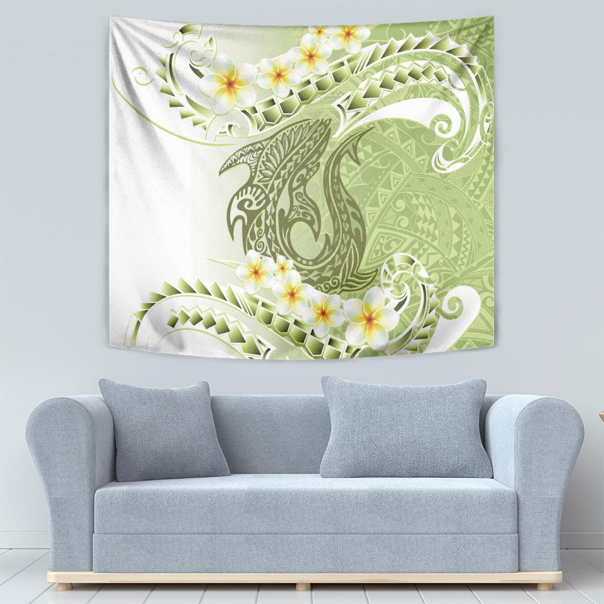 Green Hawaii Shark Tattoo Tapestry Frangipani With Polynesian Pastel Version