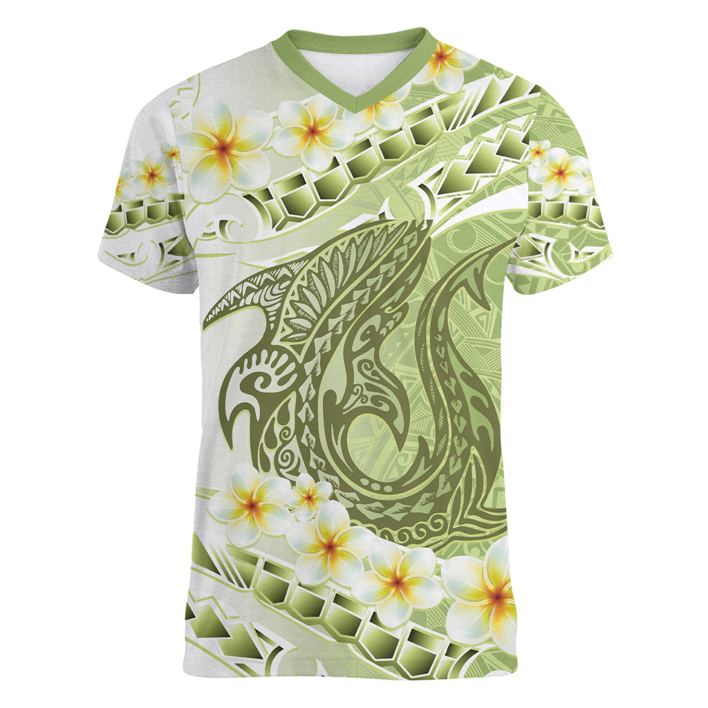 Green Hawaii Shark Tattoo Women V-Neck T-Shirt Frangipani With Polynesian Pastel Version