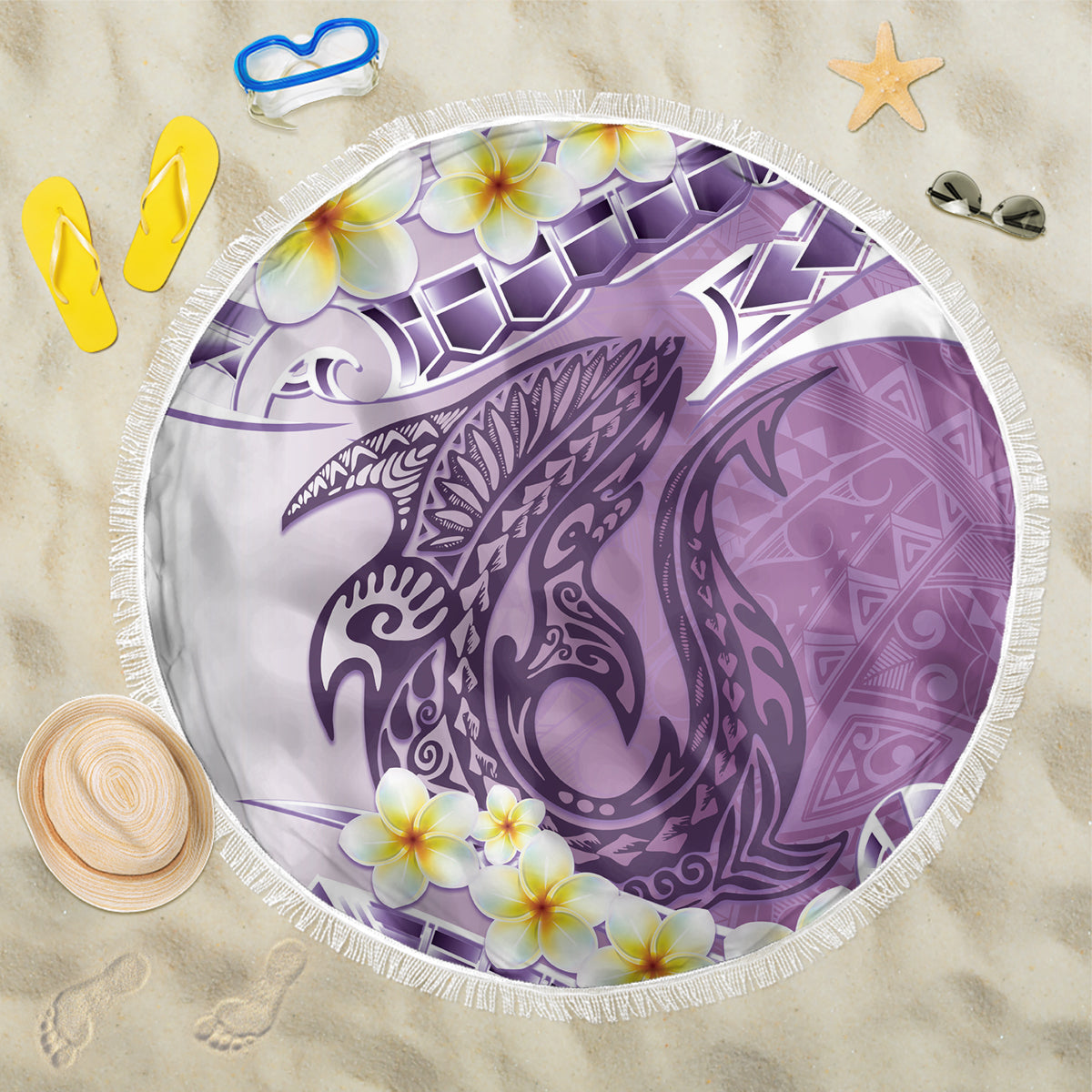 Purple Hawaii Shark Tattoo Beach Blanket Frangipani With Polynesian Pastel Version LT14 One Size 150cm Purple - Polynesian Pride