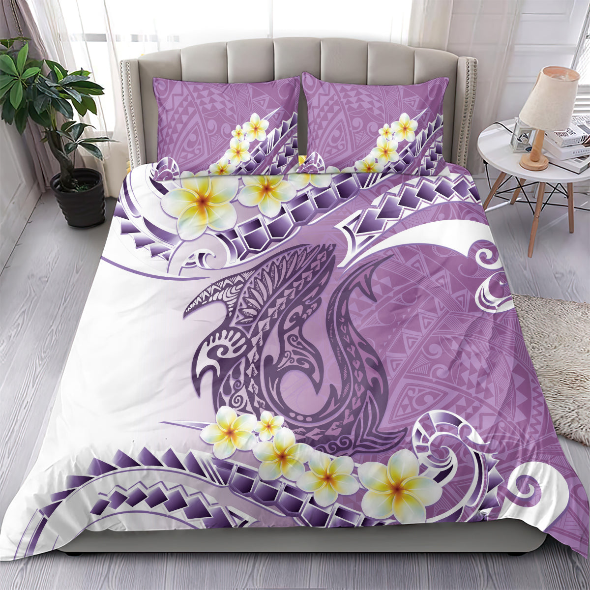 Purple Hawaii Shark Tattoo Bedding Set Frangipani With Polynesian Pastel Version LT14 - Polynesian Pride