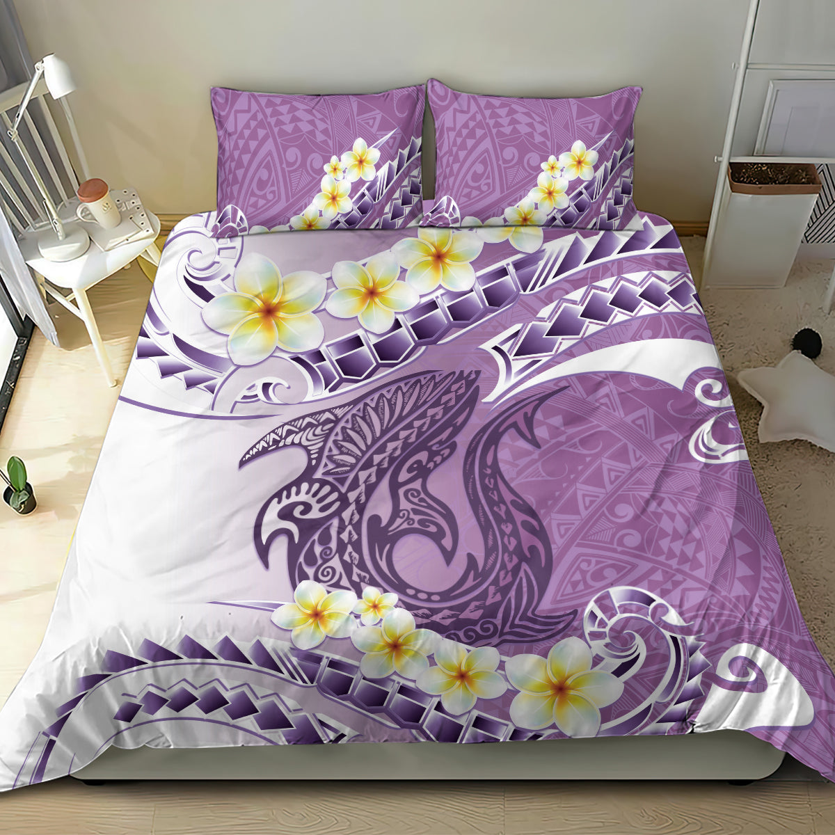 Purple Hawaii Shark Tattoo Bedding Set Frangipani With Polynesian Pastel Version LT14 - Polynesian Pride