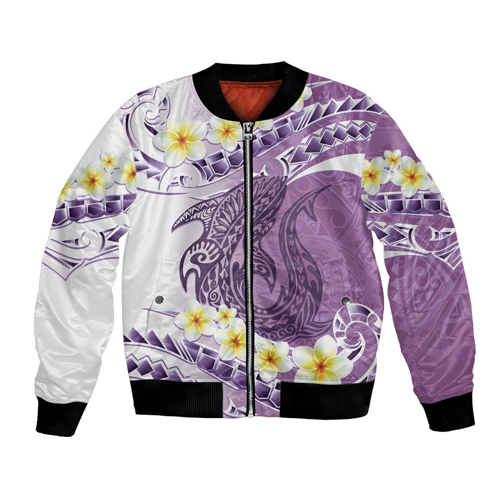 Purple Hawaii Shark Tattoo Bomber Jacket Frangipani With Polynesian Pastel Version LT14 Unisex Purple - Polynesian Pride