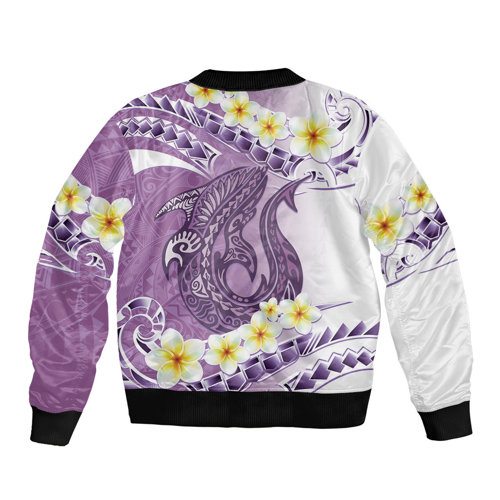 Purple Hawaii Shark Tattoo Bomber Jacket Frangipani With Polynesian Pastel Version LT14 - Polynesian Pride