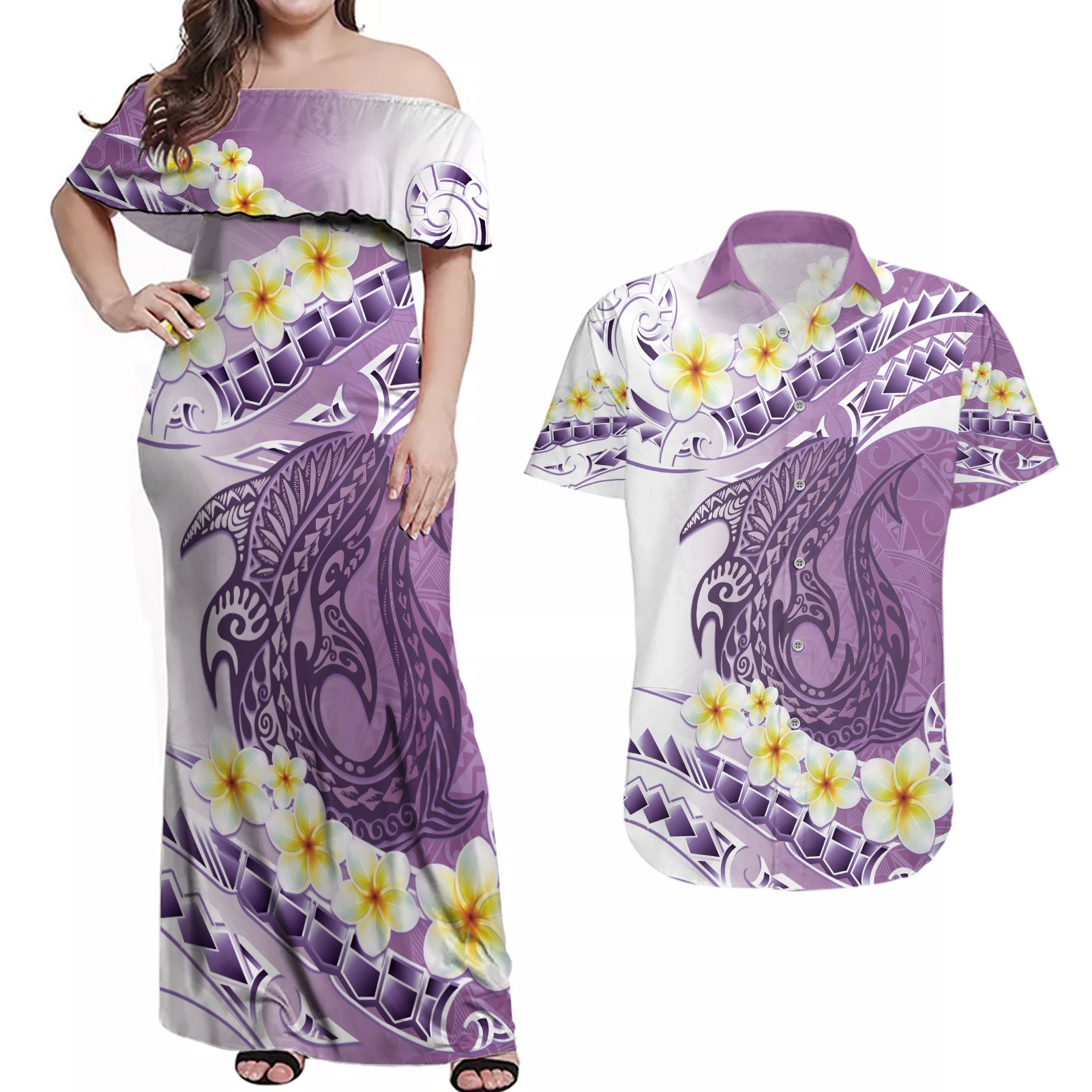 Purple Hawaii Shark Tattoo Couples Matching Off Shoulder Maxi Dress and Hawaiian Shirt Frangipani With Polynesian Pastel Version