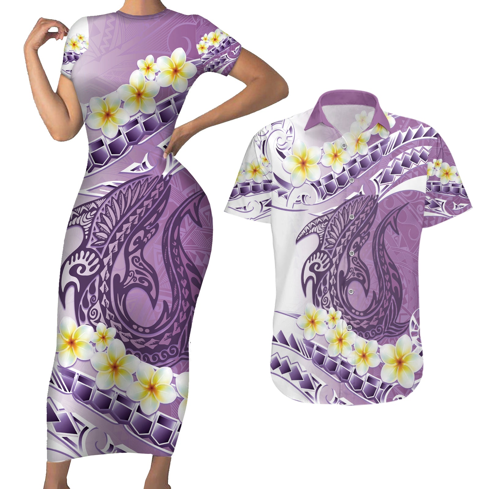 Purple Hawaii Shark Tattoo Couples Matching Short Sleeve Bodycon Dress and Hawaiian Shirt Frangipani With Polynesian Pastel Version LT14 Purple - Polynesian Pride