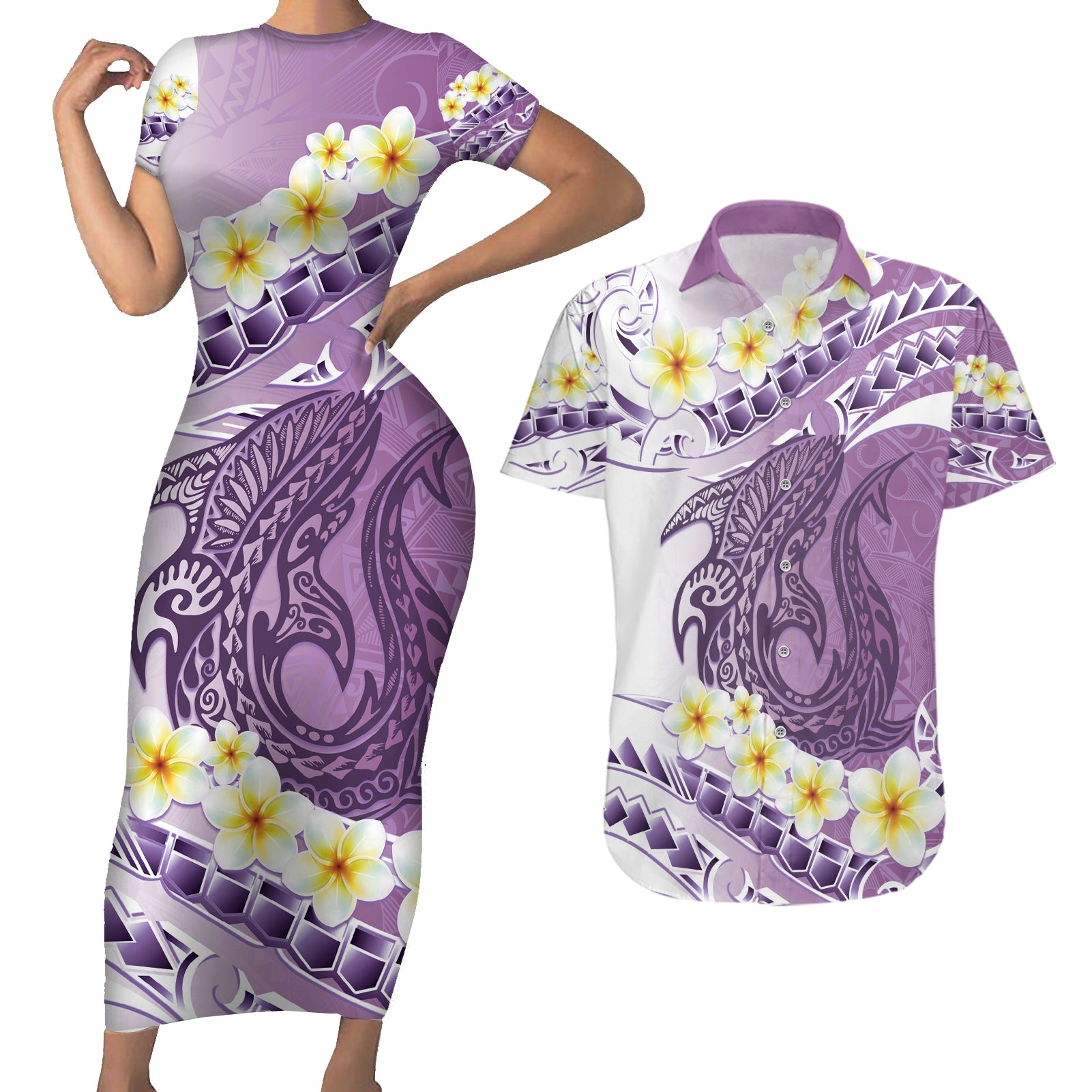 Purple Hawaii Shark Tattoo Couples Matching Short Sleeve Bodycon Dress and Hawaiian Shirt Frangipani With Polynesian Pastel Version