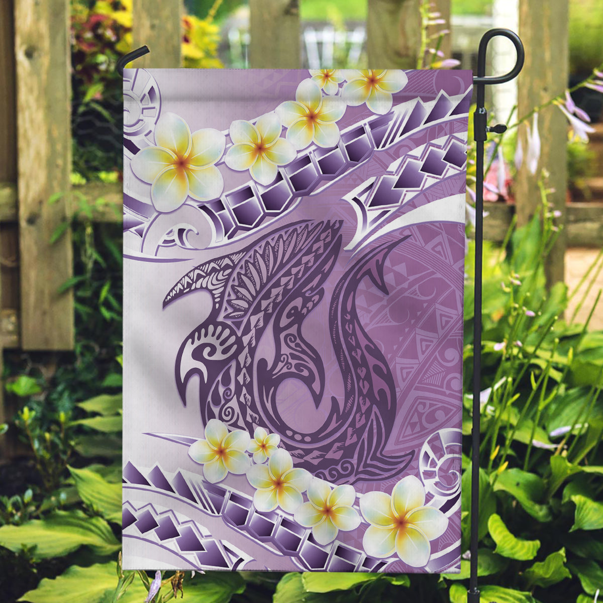 Purple Hawaii Shark Tattoo Garden Flag Frangipani With Polynesian Pastel Version