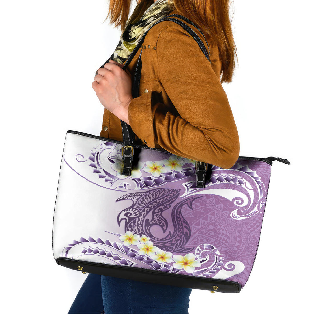 Purple Hawaii Shark Tattoo Leather Tote Bag Frangipani With Polynesian Pastel Version LT14 Purple - Polynesian Pride