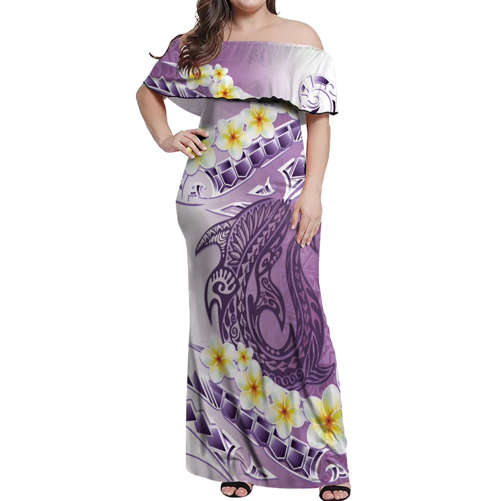 Purple Hawaii Shark Tattoo Off Shoulder Maxi Dress Frangipani With Polynesian Pastel Version LT14 Women Purple - Polynesian Pride