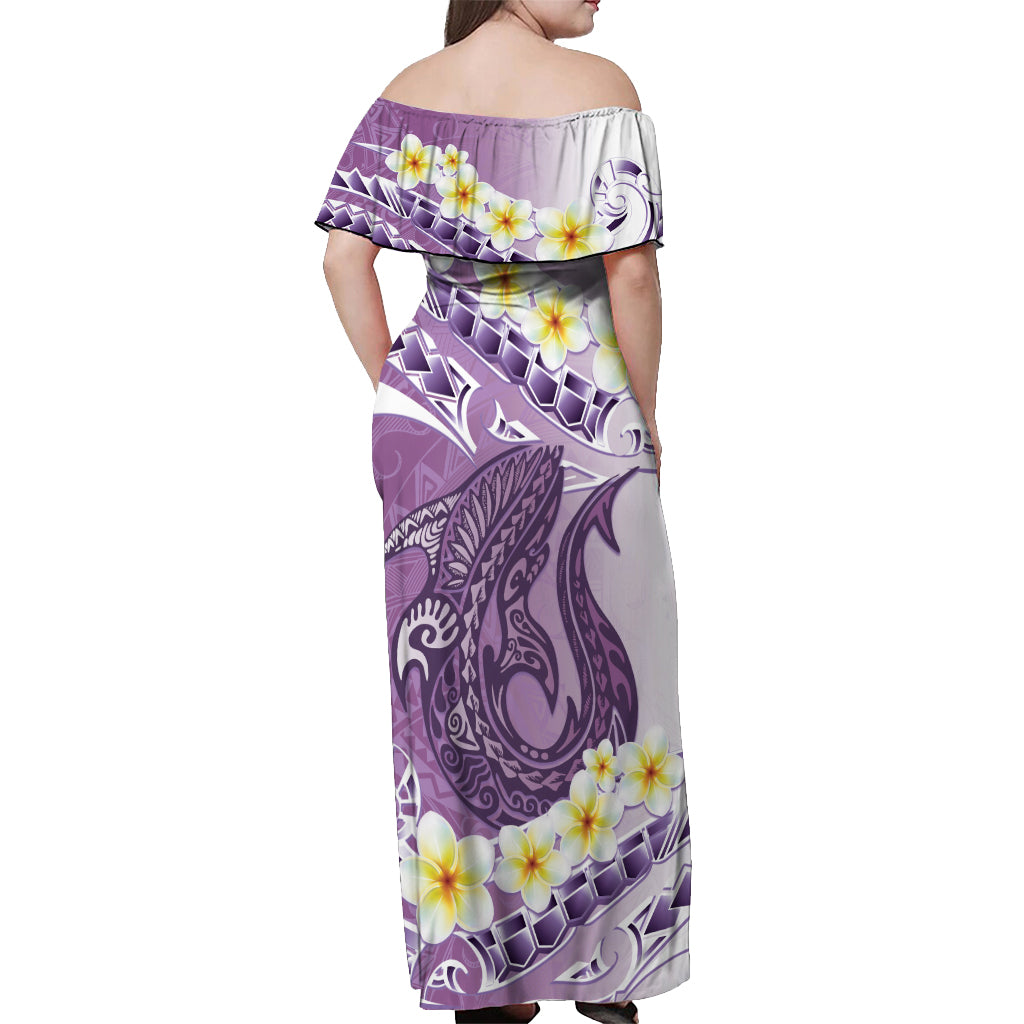 Purple Hawaii Shark Tattoo Off Shoulder Maxi Dress Frangipani With Polynesian Pastel Version LT14 - Polynesian Pride