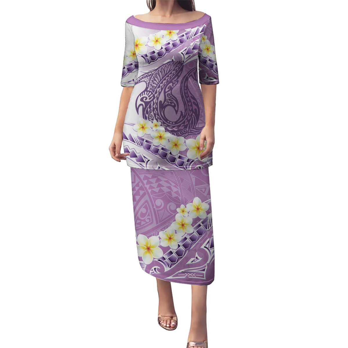 Purple Hawaii Shark Tattoo Puletasi Frangipani With Polynesian Pastel Version LT14 Long Dress Purple - Polynesian Pride