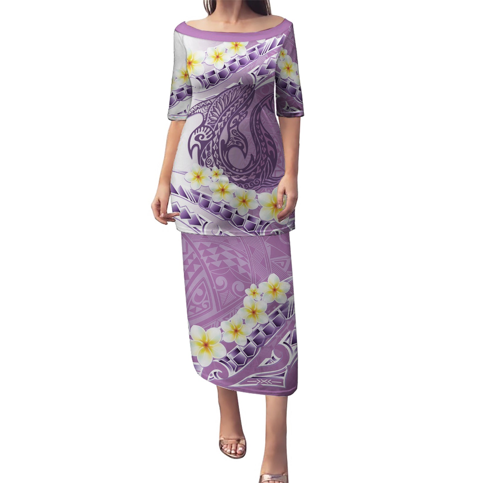 Purple Hawaii Shark Tattoo Puletasi Frangipani With Polynesian Pastel Version LT14 Long Dress Purple - Polynesian Pride
