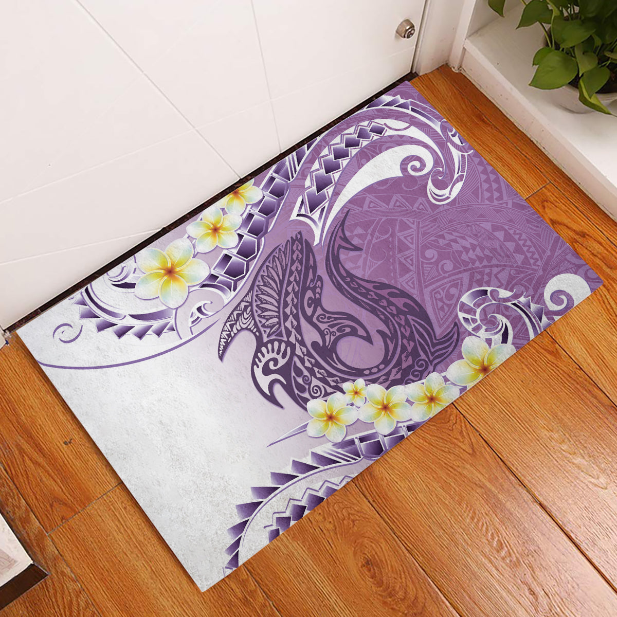 Purple Hawaii Shark Tattoo Rubber Doormat Frangipani With Polynesian Pastel Version