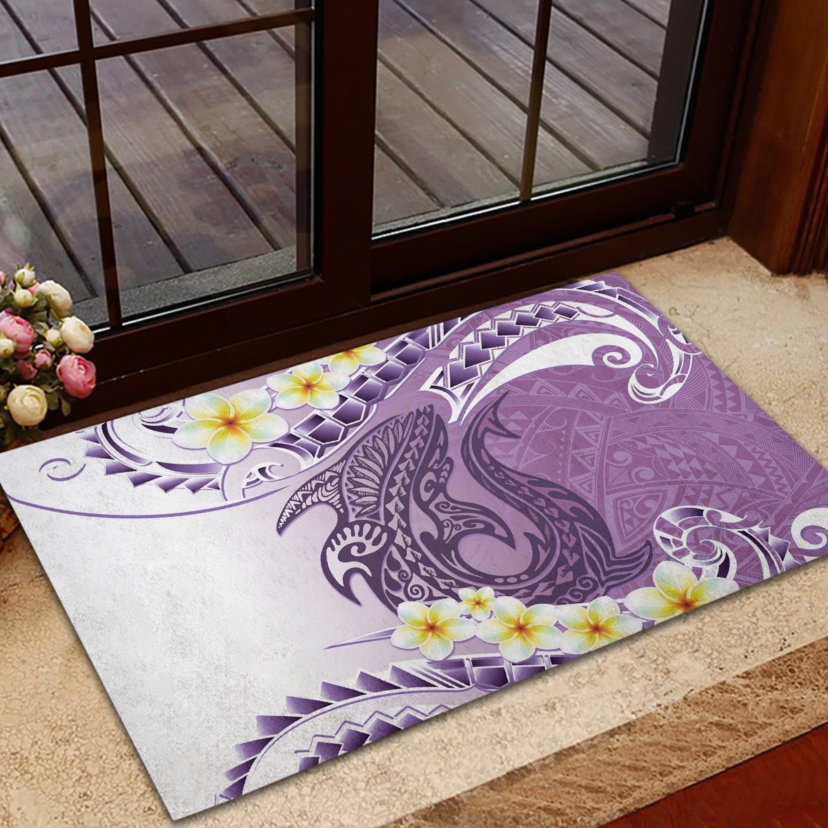 Purple Hawaii Shark Tattoo Rubber Doormat Frangipani With Polynesian Pastel Version