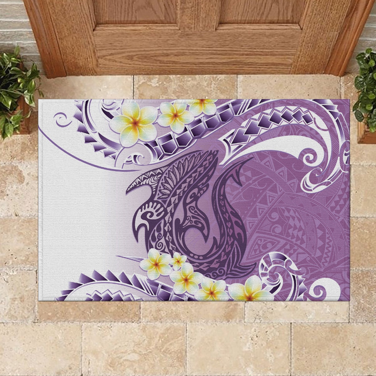 Purple Hawaii Shark Tattoo Rubber Doormat Frangipani With Polynesian Pastel Version