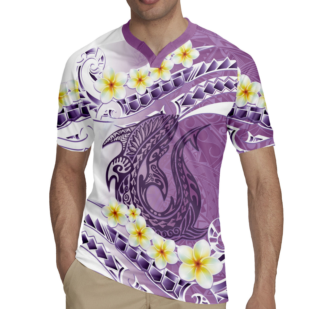 Purple Hawaii Shark Tattoo Rugby Jersey Frangipani With Polynesian Pastel Version