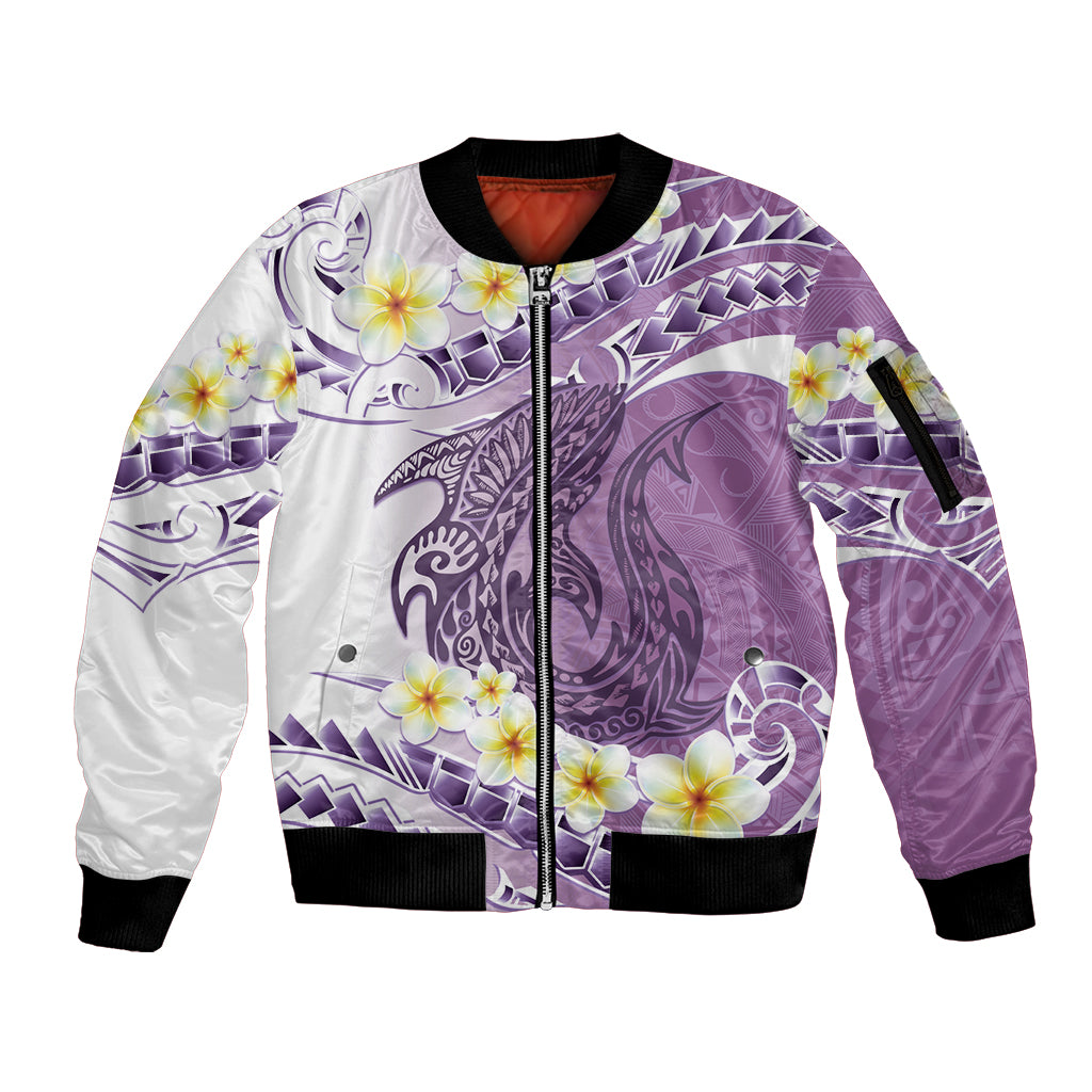 Purple Hawaii Shark Tattoo Sleeve Zip Bomber Jacket Frangipani With Polynesian Pastel Version LT14 Unisex Purple - Polynesian Pride
