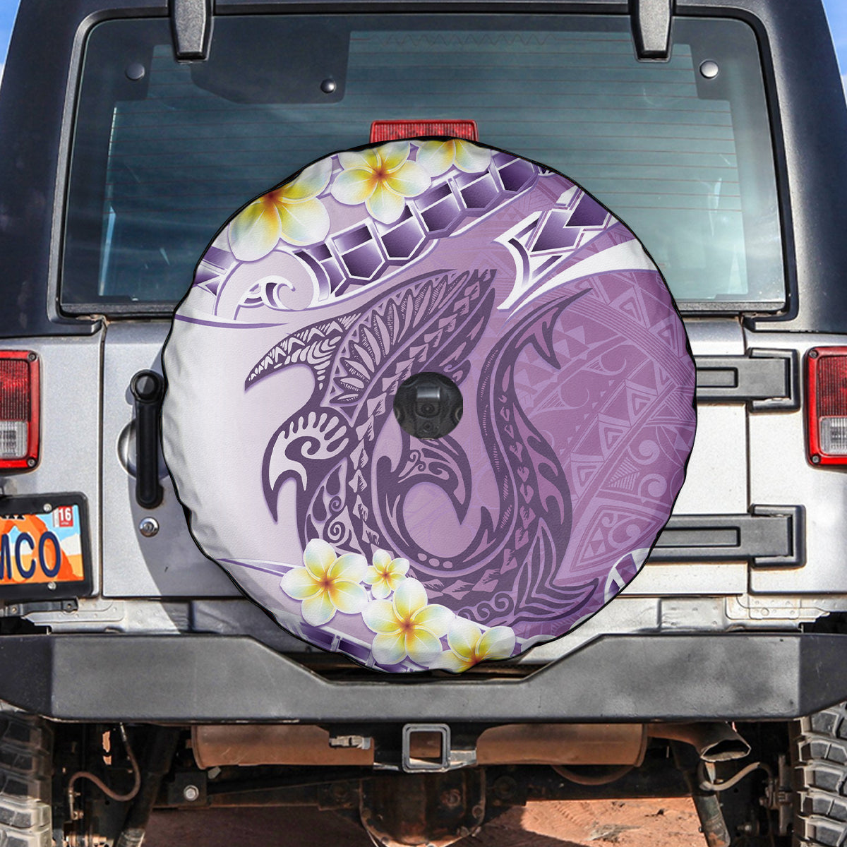 Purple Hawaii Shark Tattoo Spare Tire Cover Frangipani With Polynesian Pastel Version LT14 Purple - Polynesian Pride