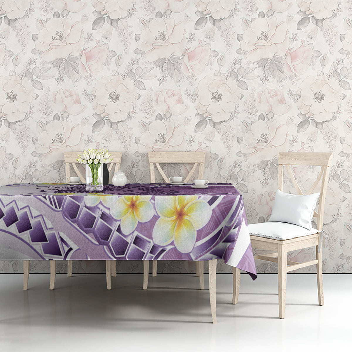 Purple Hawaii Shark Tattoo Tablecloth Frangipani With Polynesian Pastel Version LT14 - Polynesian Pride