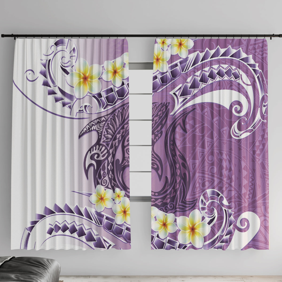 Purple Hawaii Shark Tattoo Window Curtain Frangipani With Polynesian Pastel Version LT14 With Hooks Purple - Polynesian Pride