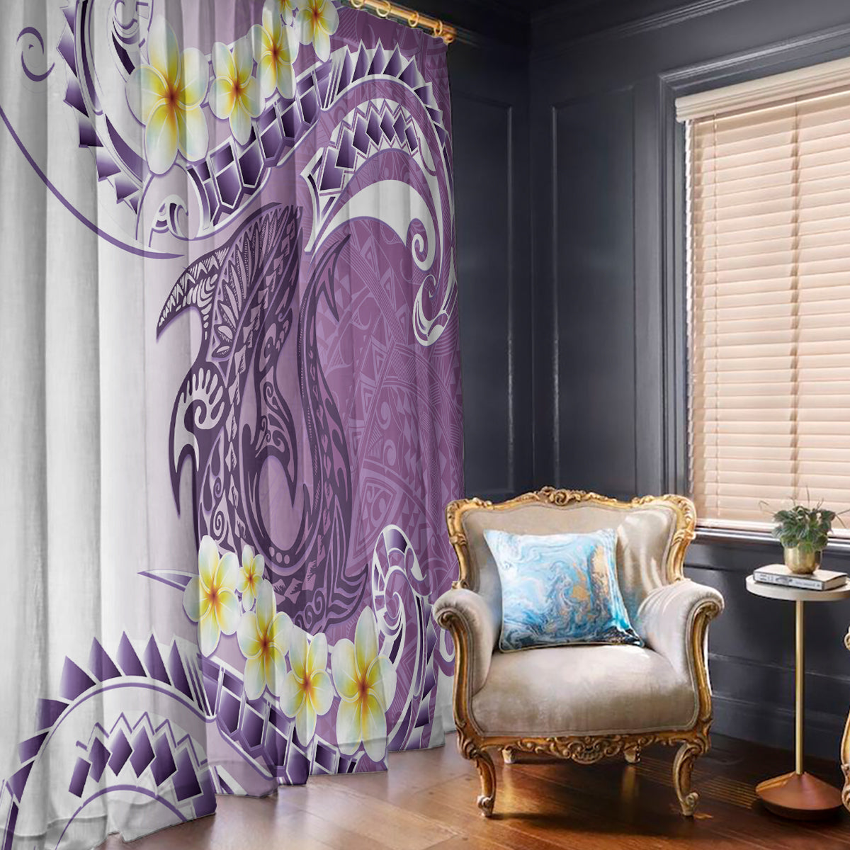 Purple Hawaii Shark Tattoo Window Curtain Frangipani With Polynesian Pastel Version LT14 - Polynesian Pride