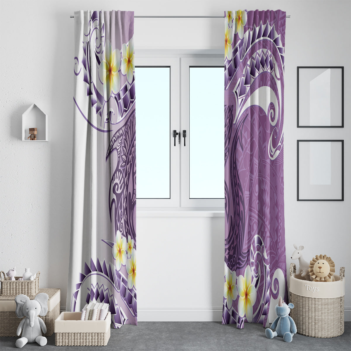 Purple Hawaii Shark Tattoo Window Curtain Frangipani With Polynesian Pastel Version LT14 - Polynesian Pride