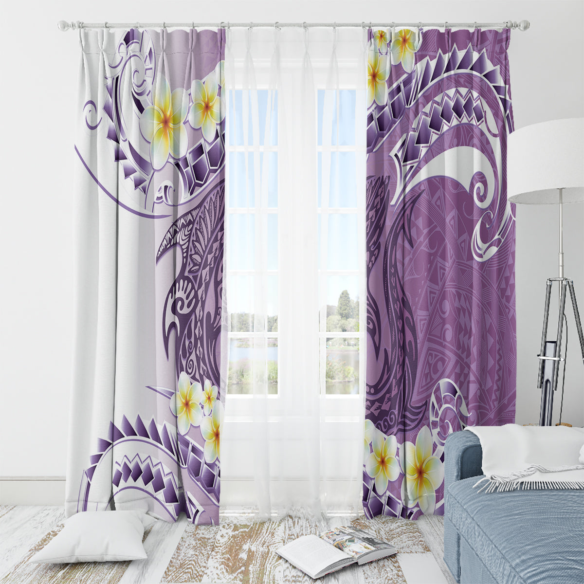 Purple Hawaii Shark Tattoo Window Curtain Frangipani With Polynesian Pastel Version LT14 - Polynesian Pride