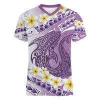 Purple Hawaii Shark Tattoo Women V-Neck T-Shirt Frangipani With Polynesian Pastel Version