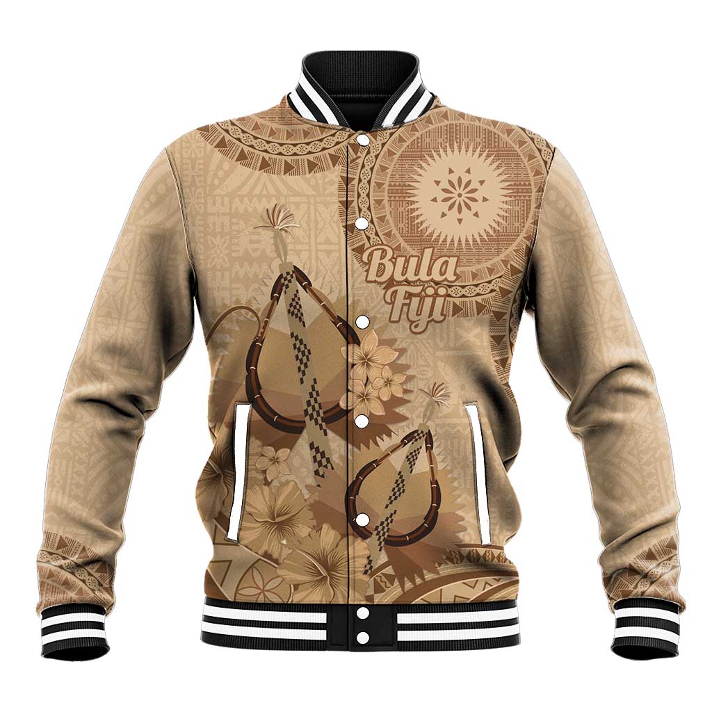Brown Bula Fiji Baseball Jacket Fijian Dance Fan Tapa Cloth Pattern