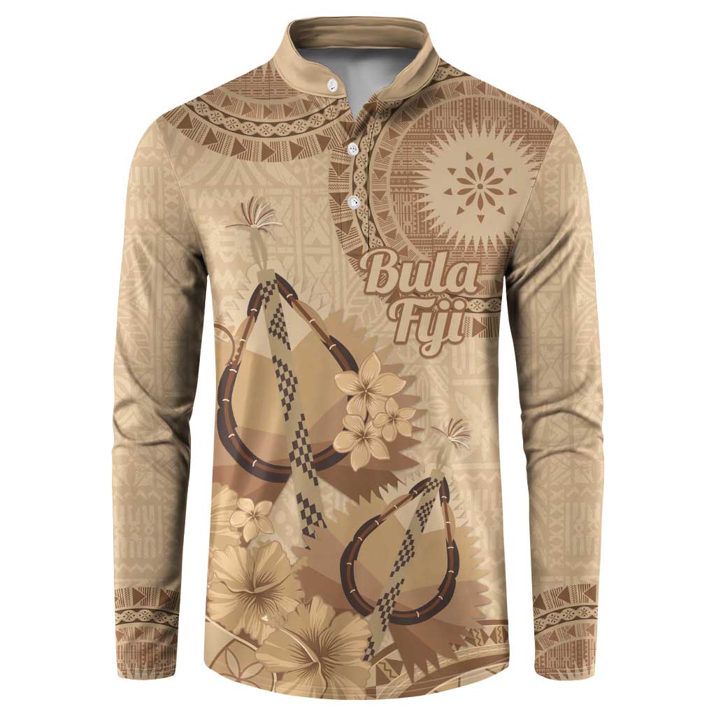 Brown Bula Fiji Button Sweatshirt Fijian Dance Fan Tapa Cloth Pattern