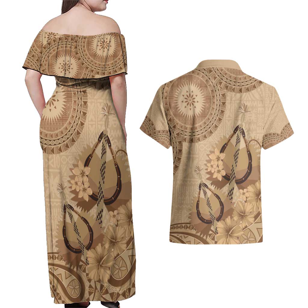 Brown Bula Fiji Couples Matching Off Shoulder Maxi Dress and Hawaiian Shirt Fijian Dance Fan Tapa Cloth Pattern