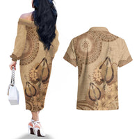 Brown Bula Fiji Couples Matching Off The Shoulder Long Sleeve Dress and Hawaiian Shirt Fijian Dance Fan Tapa Cloth Pattern