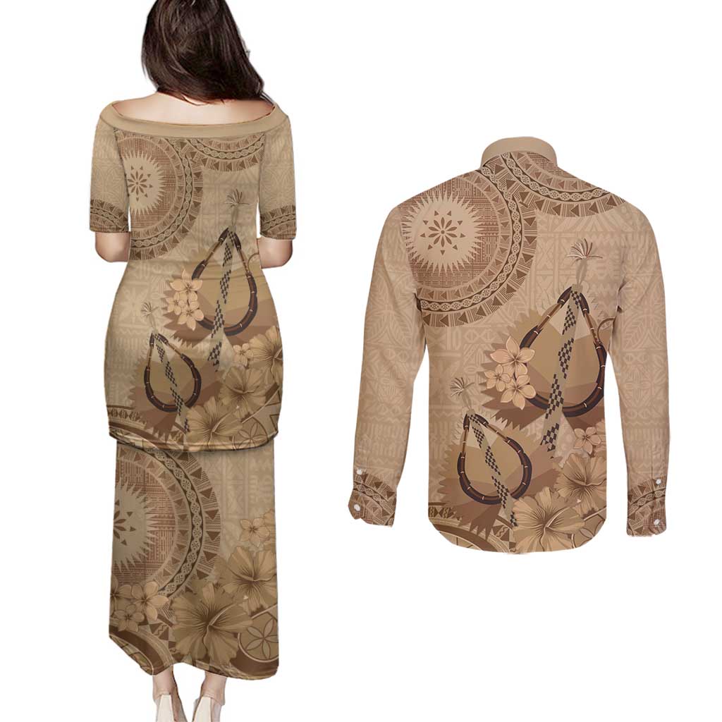 Brown Bula Fiji Couples Matching Puletasi and Long Sleeve Button Shirt Fijian Dance Fan Tapa Cloth Pattern
