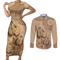 Brown Bula Fiji Couples Matching Short Sleeve Bodycon Dress and Long Sleeve Button Shirt Fijian Dance Fan Tapa Cloth Pattern