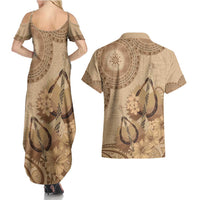 Brown Bula Fiji Couples Matching Summer Maxi Dress and Hawaiian Shirt Fijian Dance Fan Tapa Cloth Pattern