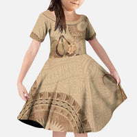 Brown Bula Fiji Family Matching Mermaid Dress and Hawaiian Shirt Fijian Dance Fan Tapa Cloth Pattern