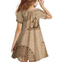 Brown Bula Fiji Family Matching Off The Shoulder Long Sleeve Dress and Hawaiian Shirt Fijian Dance Fan Tapa Cloth Pattern