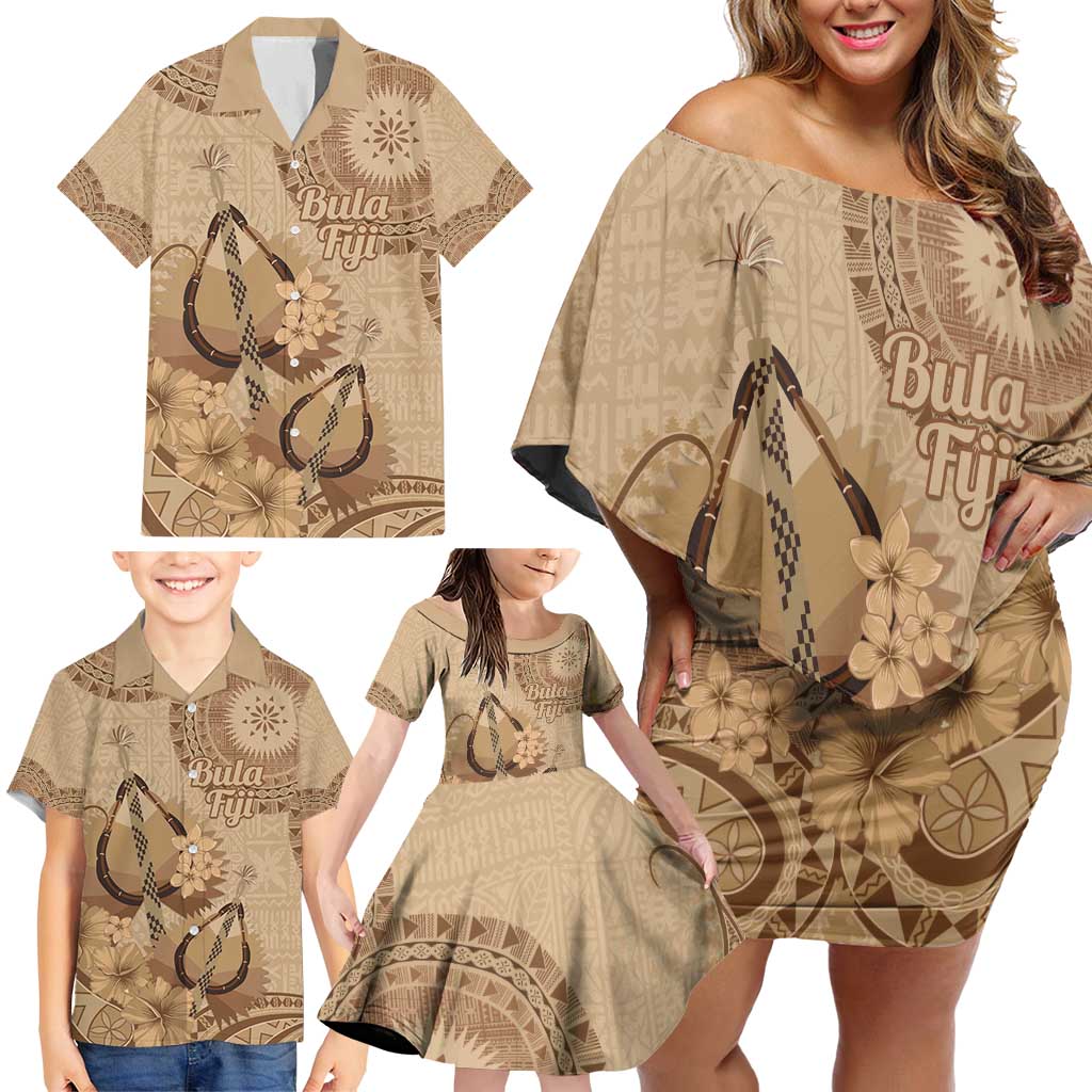 Brown Bula Fiji Family Matching Off Shoulder Short Dress and Hawaiian Shirt Fijian Dance Fan Tapa Cloth Pattern