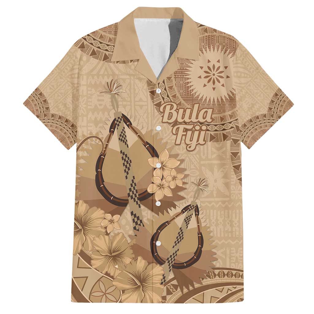 Brown Bula Fiji Family Matching Puletasi and Hawaiian Shirt Fijian Dance Fan Tapa Cloth Pattern