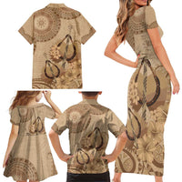 Brown Bula Fiji Family Matching Short Sleeve Bodycon Dress and Hawaiian Shirt Fijian Dance Fan Tapa Cloth Pattern