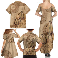 Brown Bula Fiji Family Matching Summer Maxi Dress and Hawaiian Shirt Fijian Dance Fan Tapa Cloth Pattern
