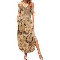 Brown Bula Fiji Family Matching Summer Maxi Dress and Hawaiian Shirt Fijian Dance Fan Tapa Cloth Pattern