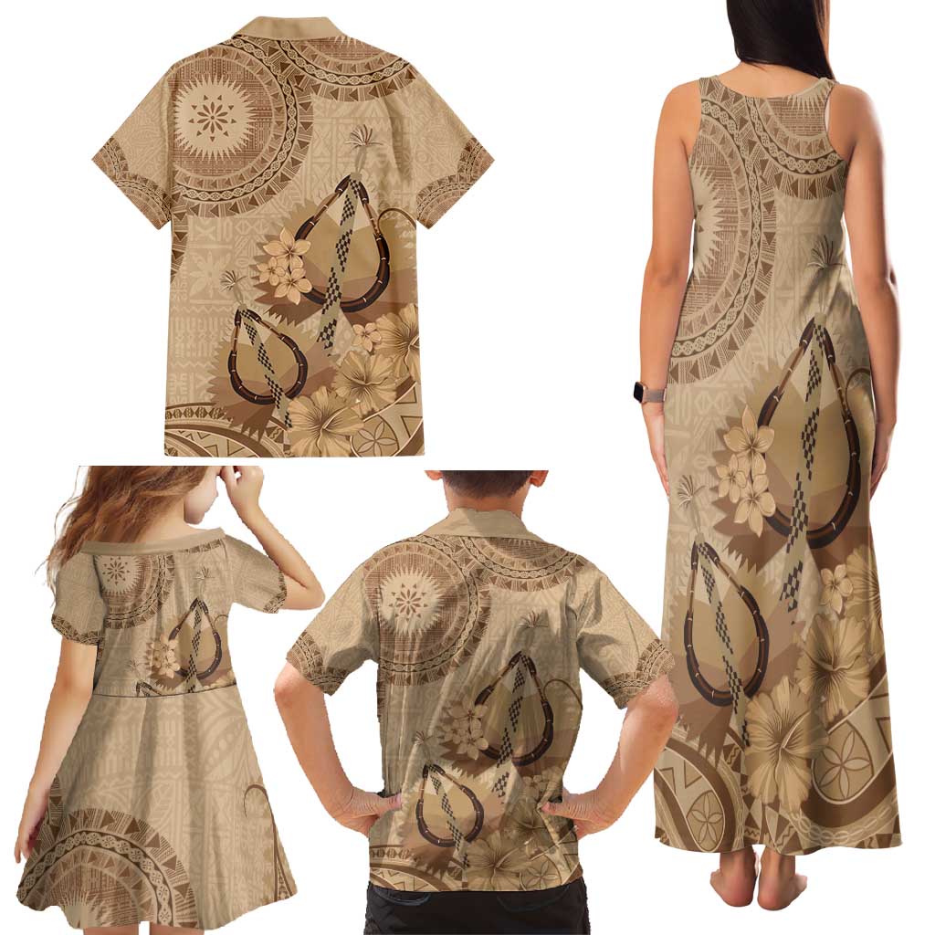 Brown Bula Fiji Family Matching Tank Maxi Dress and Hawaiian Shirt Fijian Dance Fan Tapa Cloth Pattern