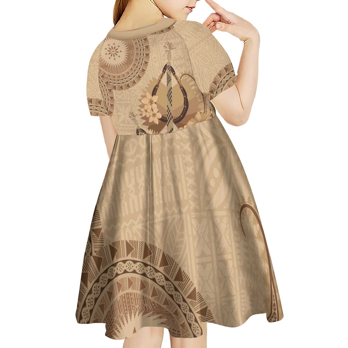 Brown Bula Fiji Kid Short Sleeve Dress Fijian Dance Fan Tapa Cloth Pattern
