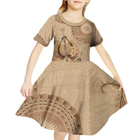 Brown Bula Fiji Kid Short Sleeve Dress Fijian Dance Fan Tapa Cloth Pattern