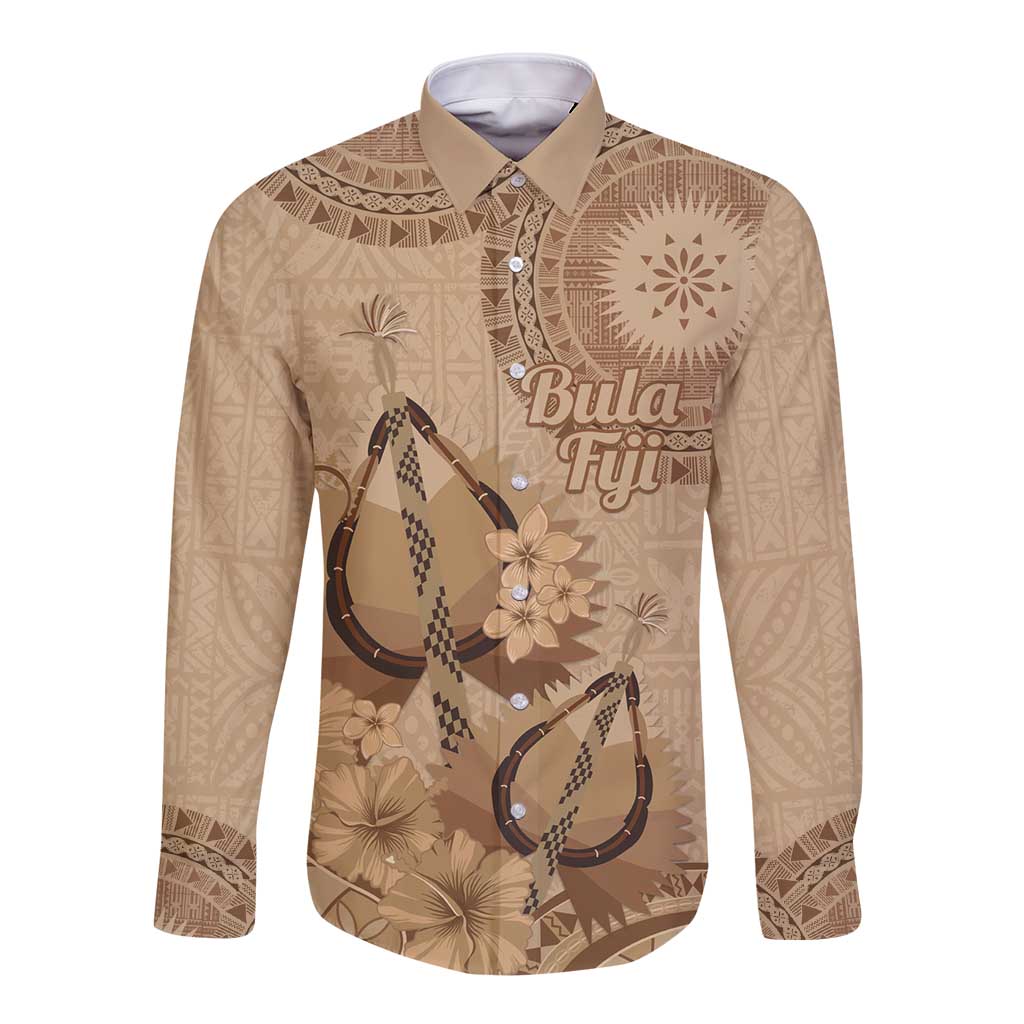 Brown Bula Fiji Long Sleeve Button Shirt Fijian Dance Fan Tapa Cloth Pattern