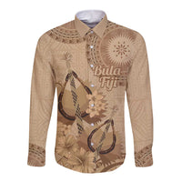 Brown Bula Fiji Long Sleeve Button Shirt Fijian Dance Fan Tapa Cloth Pattern