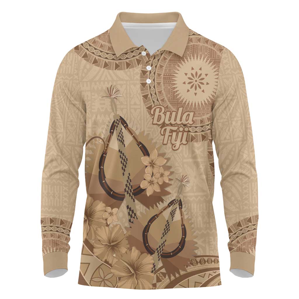 Brown Bula Fiji Long Sleeve Polo Shirt Fijian Dance Fan Tapa Cloth Pattern