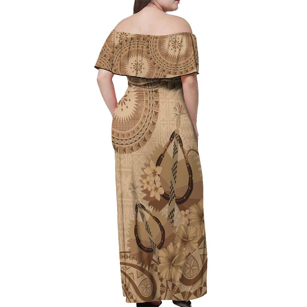 Brown Bula Fiji Off Shoulder Maxi Dress Fijian Dance Fan Tapa Cloth Pattern