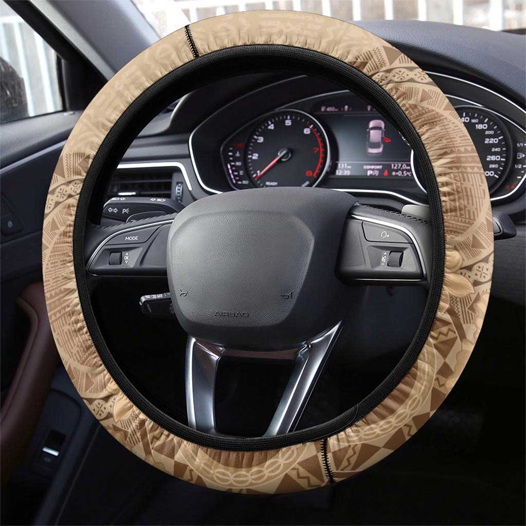 Brown Bula Fiji Steering Wheel Cover Fijian Dance Fan Tapa Cloth Pattern